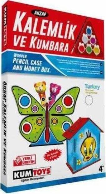 Kumtoys Kelebek Ahşap Kalemlik ve Kumbara Maket Ahşap Boyama 2 Ürün Birden