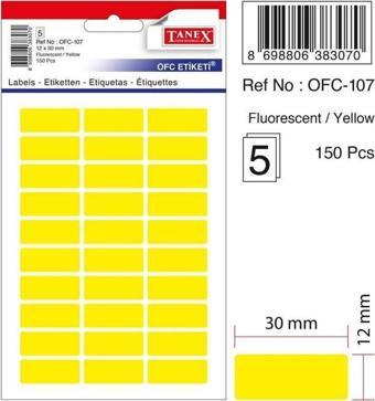 Tanex Ofis Etiketi 12x30 Mm Fosforlu Sarı Ofis Etiketi 5 Yaprak (10 Lu Paket)