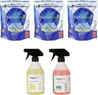 Turkishcare Bulaşık Makinesi Tableti 40 lı x 3 Ad + Yağ ve Mutfak Temizleme Spreyi  500 ml x 2 Adet 