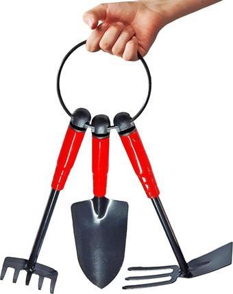 Metal Uçlu Hobi Bahçe Seti 3'Lü Kürek Tırmık Çapa Çiçek Bakımı Toprak Kazma Seti