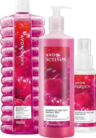 Avon Senses Ahududu ve Frenk Üzümü Kokulu Duş Jeli, Banyo Köpüğü ve Vücut Spreyi Paketi