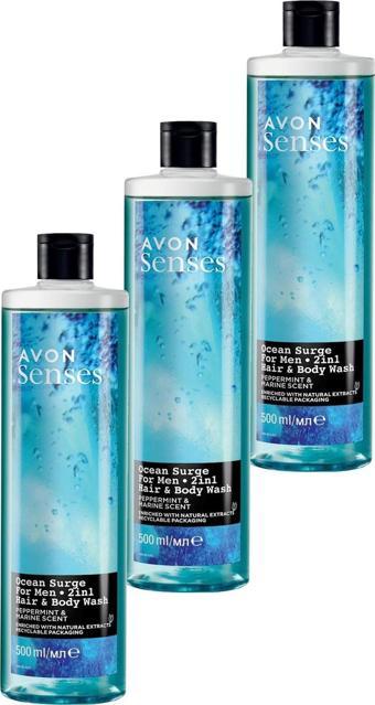 Avon Senses Ocean Surge Nane ve Deniz Kokulu Saç ve Vücut için Erkek Duş Jeli 500 Ml. Üçlü Set