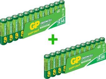 GP Batteries 12'li Greencell AAA Boy İnce Pil & GP 12'li Greencell AA Boy Kalem Çinko Karbon Pil