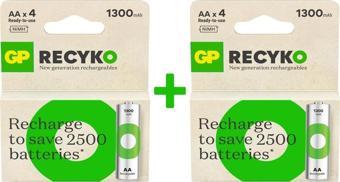 GP Batteries Recyko 1300 mAh AA Kalem Ni-Mh Şarjlı Pil, 1.2 Volt, 8 Adet