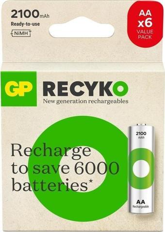 GP Batteries Recyko 2100 AA Kalem Ni-MH Şarjlı Pil, 1.2 Volt, 6'lı Kart