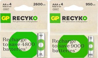 GP Batteries Recyko 2600 mAh AA Boy + GP Recyko 950 mAh AAA Boy Şarjlı Pil Toplam 8 Adet