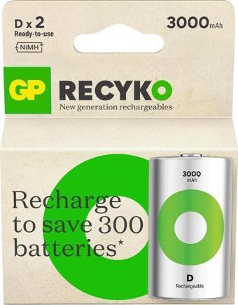 GP Batteries Recyko 3000 D Boy Ni-Mh Şarjlı Pil, 1.2 Volt, 2'li Kart