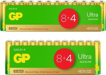 GP G-Tech Ultra Alkalin LR6 AA Kalem Pil 12'li + GP G-Tech Ultra Alkalin LR03 AAA İnce Pil 12'li