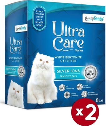 Benty Sandy Ultra Care Series Hassas Kediler Için Gümüş Iyonlu Topaklanan Ince Taneli Kedi Kumu 8lx2