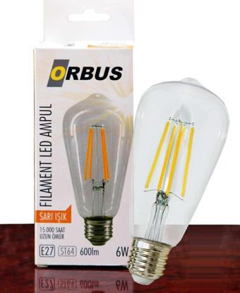 Orbus ORB-STM6W ST64 6W E27 Beyaz Cam Sarı Işık Dekoratif 540 Lm Led Ampul Ra80 220-240V-50Hz