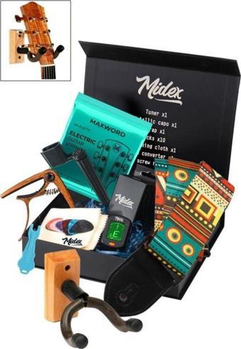 Midex AC-20EL-PAK Elektro Gitar Aksesuar Seti Gitar Tel Askı Capo Tuner Pena ve Full Set