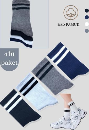 Kral Socks Kız Çocuk Düz Çizgili (4 Çift) Çorap Tenis Model Pamuklu Terletmez Öğrenci Okul Çorabı