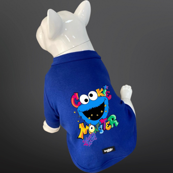 Kedi Ve Köpek Kıyafeti - Cookie Monster Baskılı Saks Mavisi Kapüşonsuz T-Shirt