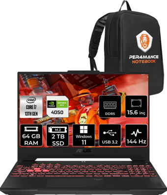 Asus Tuf Gaming F15 i7 13620H 64GB RAM 2TB SSD RTX4050/6GB 144Hz 15.6" FHD W11P LP259 & PER4 Çanta
