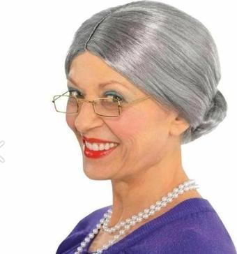 Himarry Gri Renk Yaşlı Peruğu Takma Saç Büyükanne Peruğu Yetişkin Çocuk Uyumlu