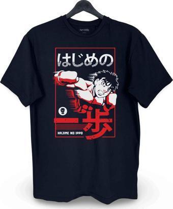 Ippo Makunouchi Hajime no ippo Baskılı Loose Fit Bisiklet Yaka Unisex Tişört Anime Manga Siyah