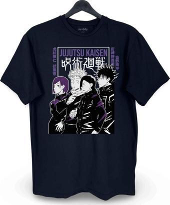 Jujutsu Kaisen Takım Baskılı Loose Fit Bisiklet Yaka Unisex Tişört Anime Manga Siyah