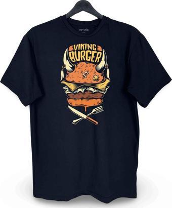 Viking Burger Baskılı Loose Fit Bisiklet Yaka Unisex Tişört Siyah