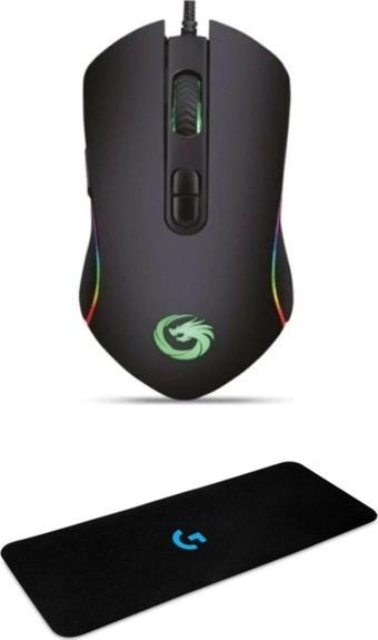 Lunatic Hawk Siyah Makrolu 6400Dpi RGB Ledli Gaming Oyuncu Mouse Drag Click Mouse Pad