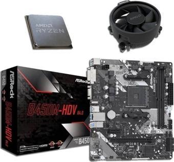 ASROCK B450M-HDV R4.0 DDR4 SATA3 M2 PCIe NVME HDMI DVI PCIe 16X v3.0 AM4 mATX + AMD Ryzen 5 5600 + AMD Orijinal Fan