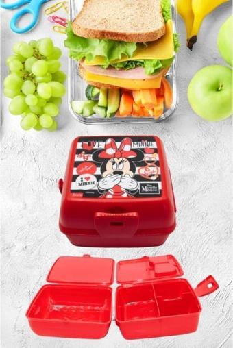 Piev 2 Bölmeli Kilitli Çatal Kaşıklı Minnie Mouse Beslenme Kabı Kırmızı