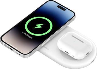 Belkin BoostCharge Pro 2'si 1 arada kablosuz şarj istasyonu, AirPods ve MagSafe özellikli  Beyaz