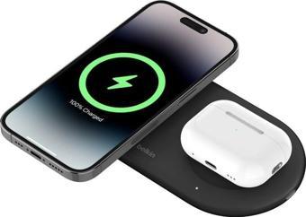 Belkin BoostCharge Pro 2'si 1 arada kablosuz şarj istasyonu, AirPods ve MagSafe özellikli cihazlarla uyumlu Siyah