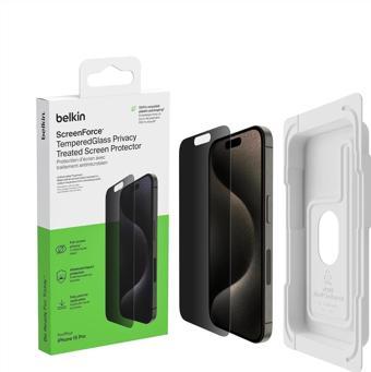 Belkin ScreenForce TemperedGlass Antimikrobiyal Ekran Gizlilik Koruyucu Folyo iPhone 15 Pro için