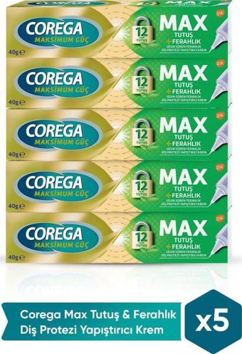 Corega Max Tutuş & Ferahlık Diş Protezi Yapıştırıcı Krem 40g X 5 Adet