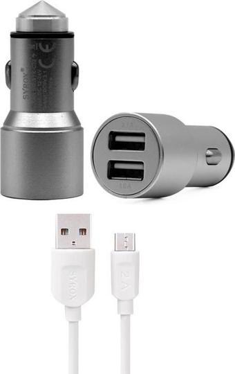 Syrox C32 Metal Araç İçi Şarj Adaptörü ve Micro USB Kablo Set 3.1A Füme