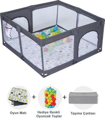 Playard Keten Pamuklu Güvenli Bebek Ve Çocuk Oyun Alanı Oyun Parkı 125x125 Oyun Matı Ve Topları Antrasit