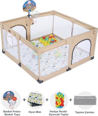 Playard Keten Potalı Güvenli Bebek Ve Çocuk Oyun Alanı Oyun Parkı 125x125 Oyun Matı Ve Topları Bej