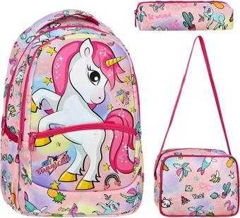 3'lü Okul Seti, Unicorn Desenli Ilkokul Çantası + Beslenme Çantası + Kalemlik