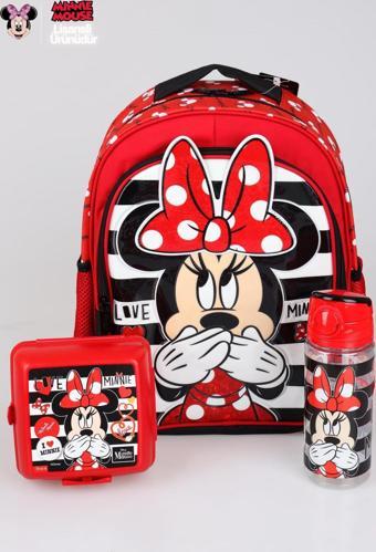 YENİ SEZON LİSANSLI MINNIE MOUSE OKUL ÇANTASI,BESLENME KABI VE MATARA 500 ML OKUL SETİ