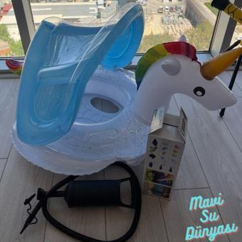 mavisudünyası Pompa Hediyeli Gölgelikli Beyaz Renk Unicorn Bebek Deniz Simidi, Bebek Havuz Simidi, 0-4 Yaş 85cm