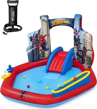62002 Pompalı-Bestway 98793 Spiderman Temalı Kaydıraklı Fıskiyeli AquaPark Şişme Eğlence Havuzu