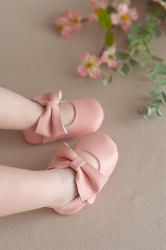 Pembe Kız Bebek Suni Deri Fiyonklu Babet Patik İlk Adım Ayakkabısı