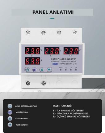 Tomzn Otomatik Faz Seçici ve Yüksek Alçak Voltaj Akım Koruma Rölesi 63A Dahili Kontaktör