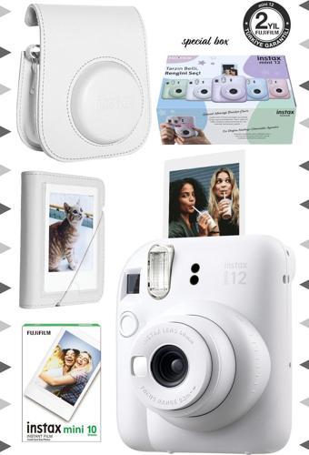 Instax Mini 12 Beyaz Fotoğraf Makinesi-10'lu Film-Mini Albüm Ve Deri Kılıf Seti