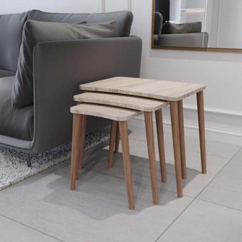 Enda Home 3'lü Ahşap Ayaklı Zigon, Salon Sehpa Seti Sonomo