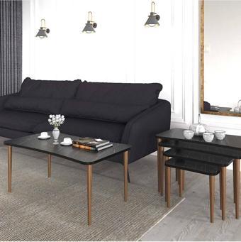 Enda Home Erendiz 5li Ahşap Ayaklı Orta Sehpa ve Zigon Sehpa Seti XL Siyah Mermer Desenli