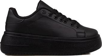 Trend Adımlar Siyah Düz Kalın Taban Bağcıklı Kadın Sneaker