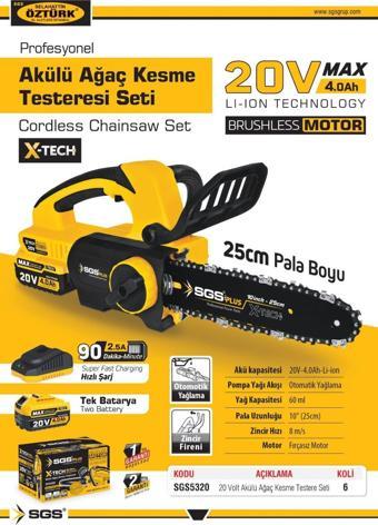 SGS5320 - 20 Volt 4 Amper Profesyonel Akülü Ağaç Kesme Budama Testere Makina Motoru 25 cm Pala