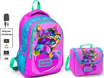 Coral High Pembe Sevimli Kedi Okul ve Beslenme Çantası - Kız Çocuk  - USB Soketli