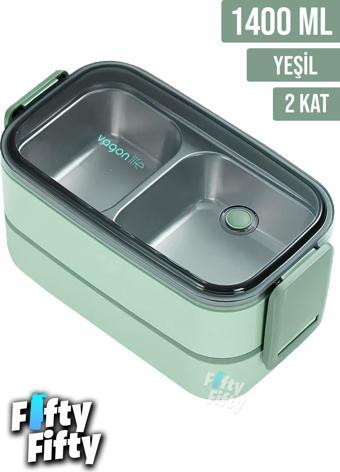 Vagonlife 1400 ML İki Kat Üç Bölme Paslanmaz Çelik Bento Lunch Box Yeni Nesil Sefer Tası -Çatal/Kaşıklı Model-ffbl50002
