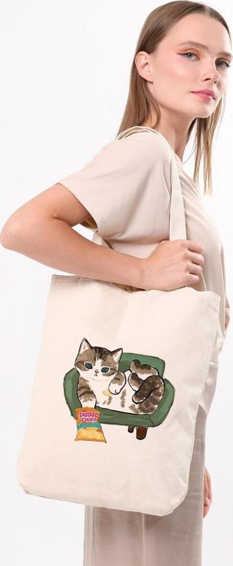 Kanvas Cips Yiyen Kedi Bez Çanta C1616