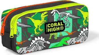 Coral High Kids Gri Yeşil Dinozor Desenli İki Bölmeli Kalem Çantası 22165