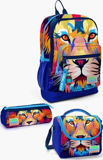 Coral High Kids Lacivert Saks Aslan Desenli 3’lü Okul Çanta Seti SET0123741