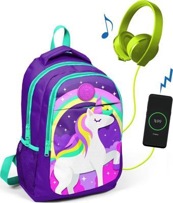 Coral High Kids Mor Unicornlu Üç Bölmeli USB Şarjlı Kulaklık Çıkışlı Sırt Çantası 23415