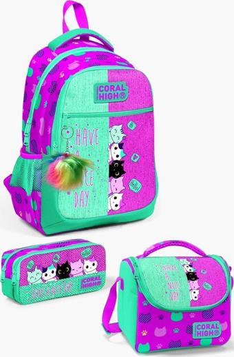 Coral High Kids Pembe Su Yeşili Kedi Desenli 3’lü Okul Çanta Seti SET0123490